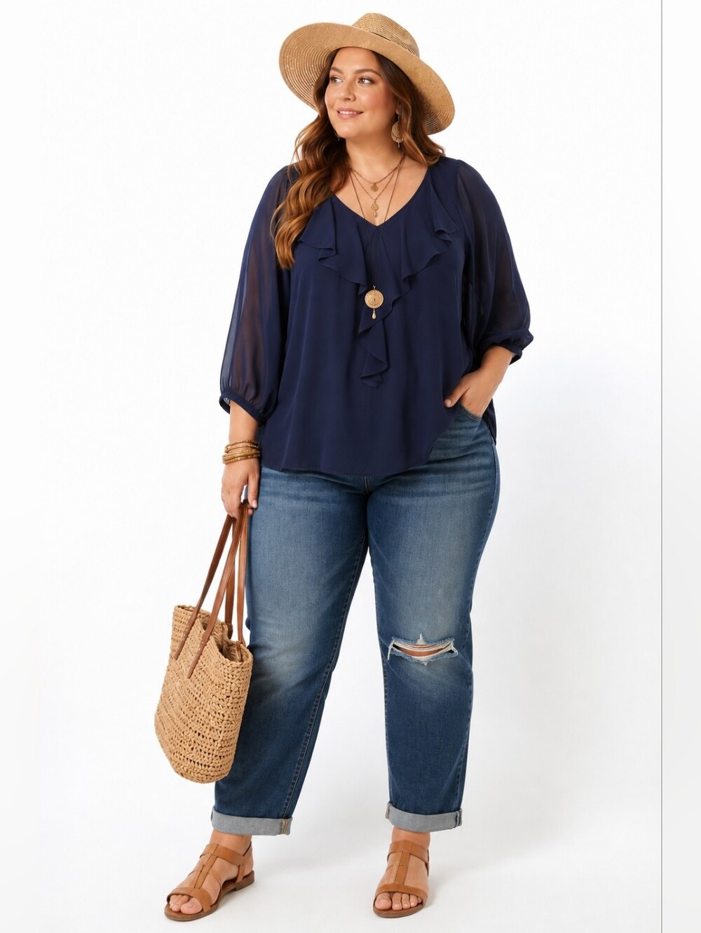 Avenue‎ Navy Blue Ruffle Front Blouse Plus Size 26/28 Semi Shee Career Chic